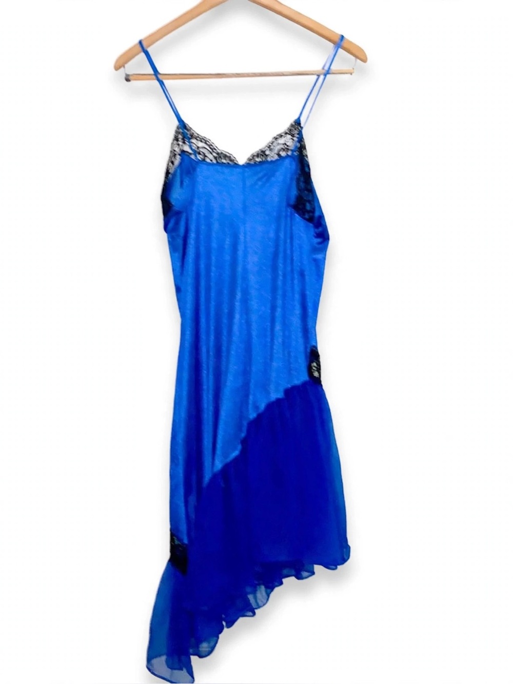 Vintage 80s Electric Blue Lace Mesh Slip Dress S Asymmetrical Midi - Picture 2 of 6